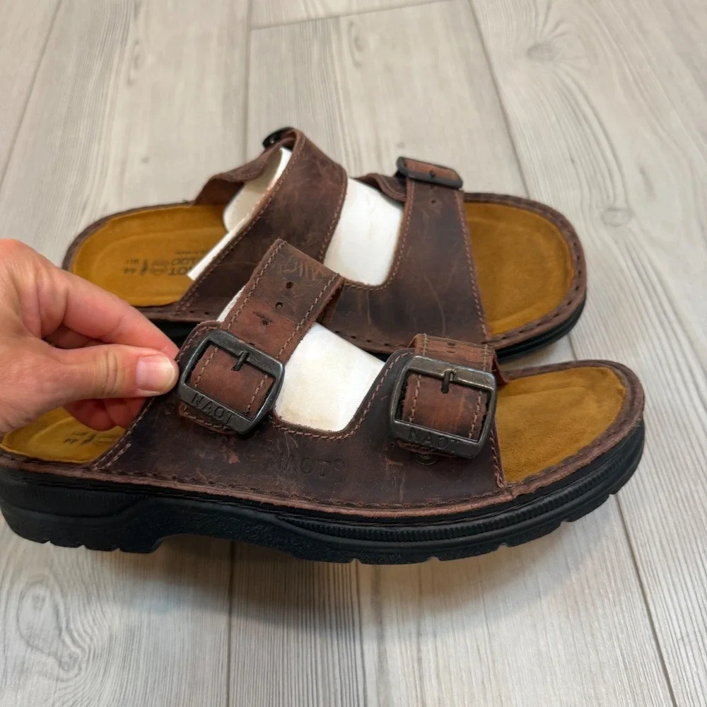 NEW Naot Mikael Crazy Horse Leather Sandals Brown Two Strap Slides Men EU 44 M11
